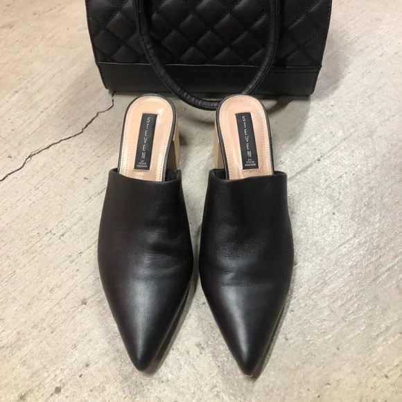 STEVEN by SM Black Leather Mules Heeled Shoes, Size 9.5 - Picture 2 of 7